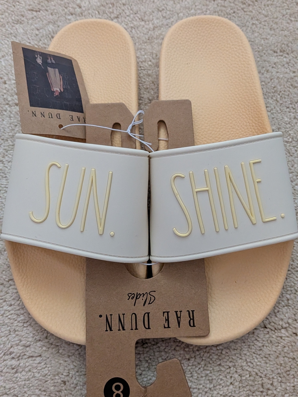 Rae Dunn Cream Slide Sandals with Peach Footbed
